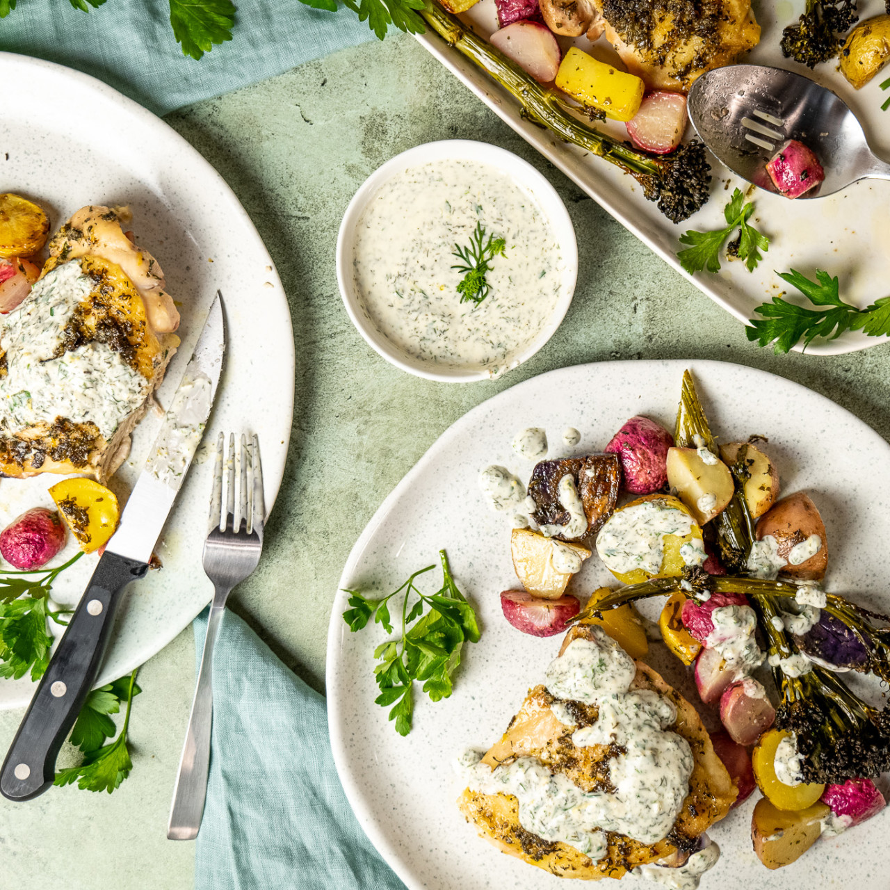 One Pan Lemon Dill Roasted Chicken Thighs With Spring Vegetables