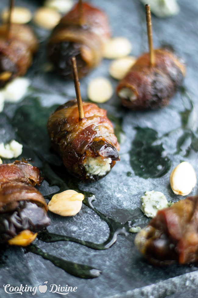 Bacon Wrapped Dates Stuffed with Marcona Almonds and Blue Cheese