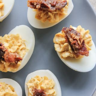 Bacon Praline deviled eggs with BBQ rub