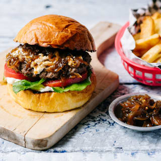 Beef and Blue Cheese Burgers with Pomegranate Glazed Onions