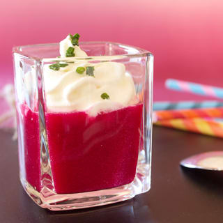 Beetroot gazpacho verrine with goat cheese whipped cream