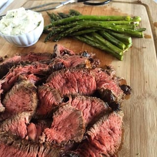 Broiled Steak and Asparagus with Feta Cream Sauce