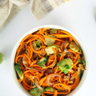 Butternut Squash Noodles with Shredded Brussels Sprouts, Walnuts and Carame