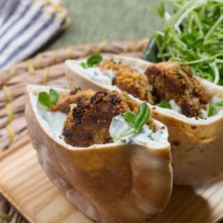 Falafel Pitas and Tzatzikiwith Pea Shoot Salad