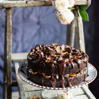 Fudgy One-Bowl Chocolate Peanut Butter Cup Pretzel Cake.