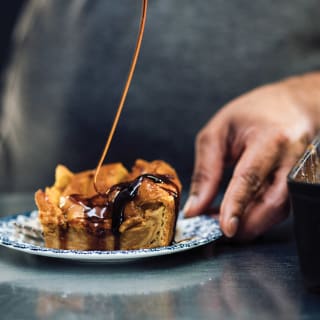 Ghee-Infused Pumpkin Bread Pudding with Pomegranate Molasses