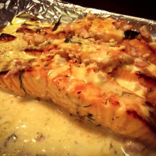 Grilled honey & lemon-glazed salmon with a creamy bacon & dill sauce