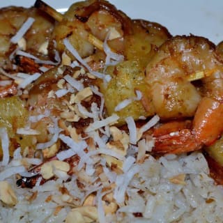 Grilled Shrimp with Peanut Sauce and Coconut Ginger Rice