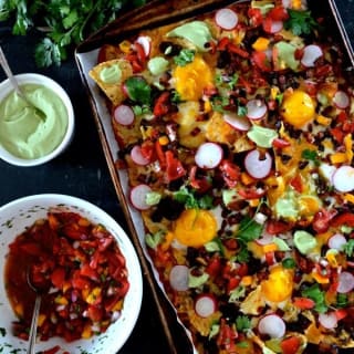 Huevos Rancheros Nachos with Avocado Crema