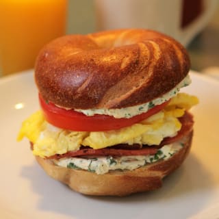 Jersey Ham, Egg, Bagel and Herb Cream Cheese Breakfast Sandwich