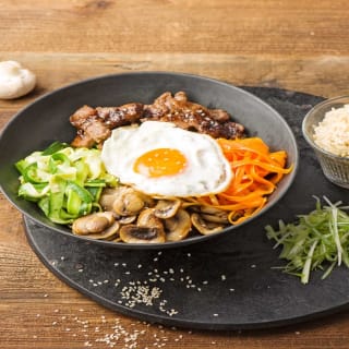 Marinated Steak Bibimbap with Shaved Vegetables, Crispy Mushrooms, and Pick