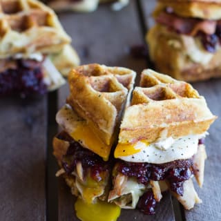 Mashed Potato Waffle, Crispy Turkey, Smashed Avocado, Cranberry and Brie Me