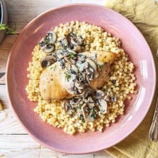 Mushroom Gravy Chicken over Couscous with Lemony Arugula