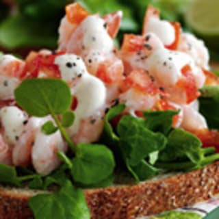 Open-faced sandwiches with shrimp, tomato, and lime mayonnaise