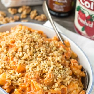 Pasta with Italian Sausage, Tomato, Mascarpone and Walnuts