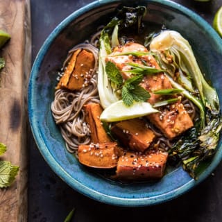 Roasted Sweet Potato and Salmon Soba Noodle Bowl