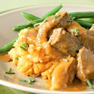 Slow-cooked beef with sweet potato mash