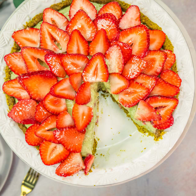 Matcha Strawberry Cream Pie with Pistachio Crust