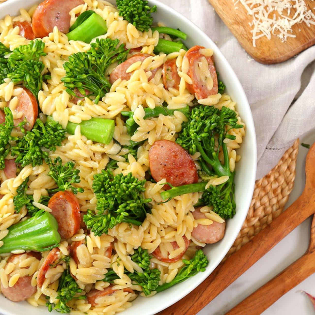 One Pan Turkey Sausage, Broccolini, and Orzo Pasta