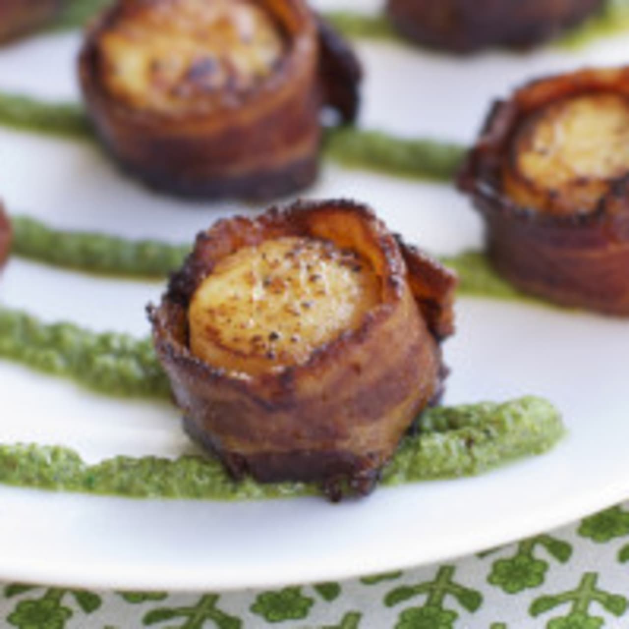 Steakhouse Bacon Wrapped Sea Scallops with Pecan Pesto