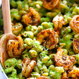 ASPARAGUS, SPINACH PESTO PASTA WITH BLACKENED SHRIMP