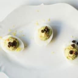 Avocado Deviled Eggs with Smoked Salmon and Fried Capers