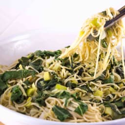 Bacon-less, Leek, Chard, Walnut, Vegan, with Gluten Free Spaghetti