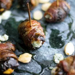 Bacon Wrapped Dates Stuffed with Marcona Almonds and Blue Cheese