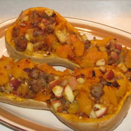 Baked Butternut Squash Stuffed With Apples and Sausage