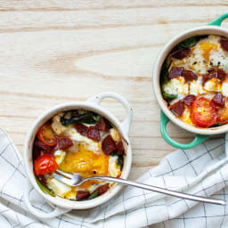 Baked egg pots with chorizo and feta cheese