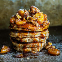 Banana Bread Griddle Cakes with Caramelized Banana-Walnut Caramel Sauce