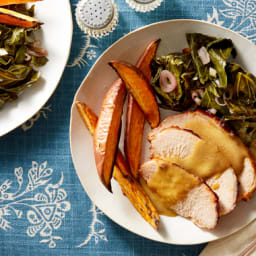 Barbecue-Glazed Turkey with Roasted Sweet Potatoes & Mustard Pan Sauce