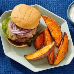 BBQ Turkey Burgers with Roasted Sweet Potato Wedges & Scallion Sour Cre