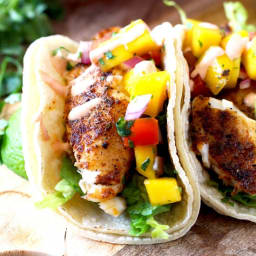 Blackened Fish Tacos with Mango Salsa & Sriracha Aioli