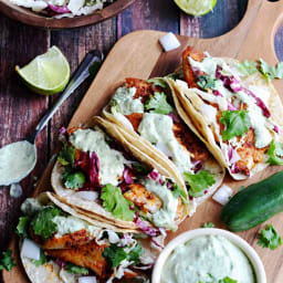 Blackened Fish Tacos with Avocado-Cilantro Sauce