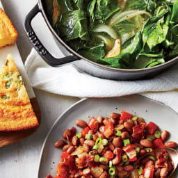 Braised Collard Greens & Bacon-Pepper Pinto Beans