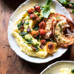 Brown Butter Lobster with Kale Pesto Polenta and Cherry Tomato Bacon Pan Sa