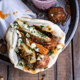 Buffalo Falafel & Garlic Blue Cheese Fries Pitas with Ranch Style Tzatziki