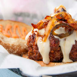 Burgers With Caramelized Onions, Jalapeño Relish And Red Pepper Mayonnaise 