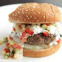 Burgers with Creamy Feta Sauce & Tomato Cucumber Relish