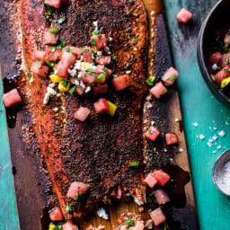 Cedar Plank Salmon with Watermelon Feta Salsa.