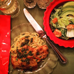 Chicken Piccata, Angel Hair Pasta & Caesar Salad w Avocado & Garlic Crouton