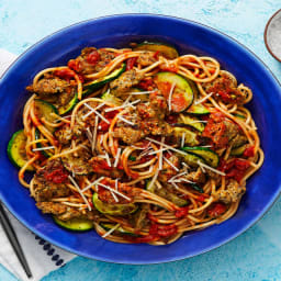 Chicken Sausage Spaghetti Bolognese with Zucchini & Parmesan