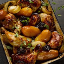 Chicken with potatoes, prunes and pomegranate molasses