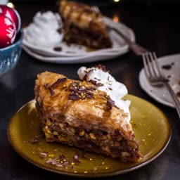 Chocolate “Candy Bar” Baklava with Butter Rum Sauce