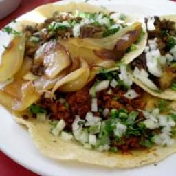 Chorizo, Bacon and Tongue Tacos with Guacamole and Pickled Onions