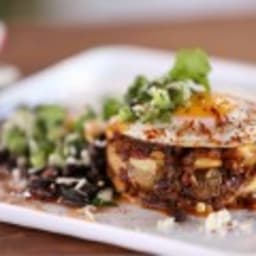 Chorizo-Potato Hash Browns with Black Beans and Salsa Verde