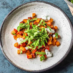 Chorizo & Sweet Potato Tray Bake with Spring Onion Raita