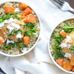 Coconut Braised Chicken Thighs with Kale and Sweet Potatoes