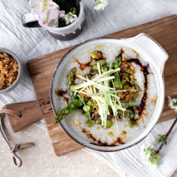 Congee with ground pork and asparagus